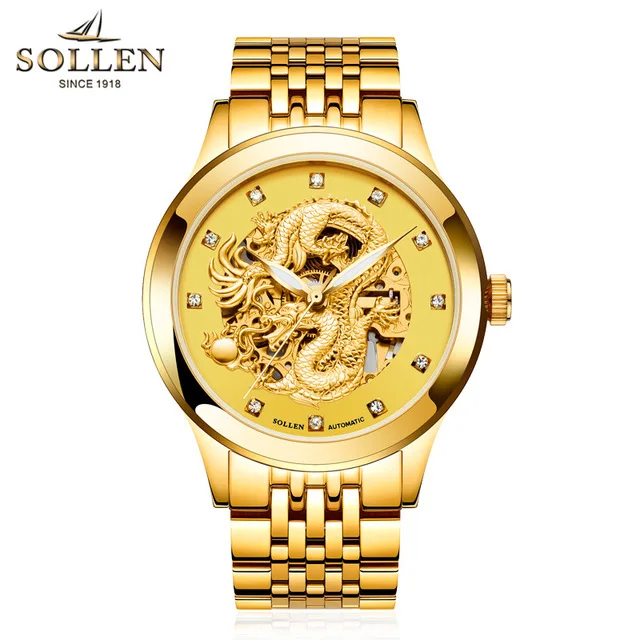1 Reloj Hombre люксовый бренд SOLLEN мужские часы Дракон из нержавеющей стали автоматические механические часы дизайнерские часы Montre Homme - Цвет: 1