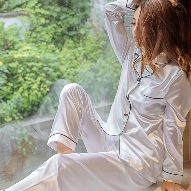 Женская одежда для сна, Женская шелковая пижама с карманами для женщин, Пижамный набор из шелка с длинными рукавами, ночная рубашка Modis - Цвет: Белый