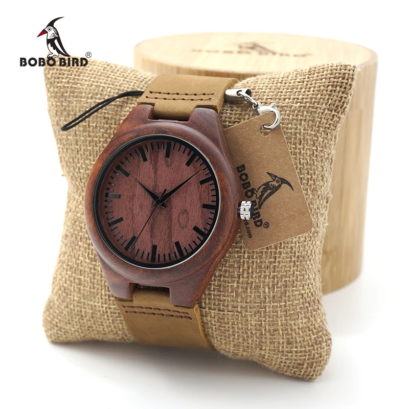 BOBO BIRD Red Sandalwood Wooden Watch mens erkek kol saati Quartz Movement Watch with Leather Strap for Men in Gift Box