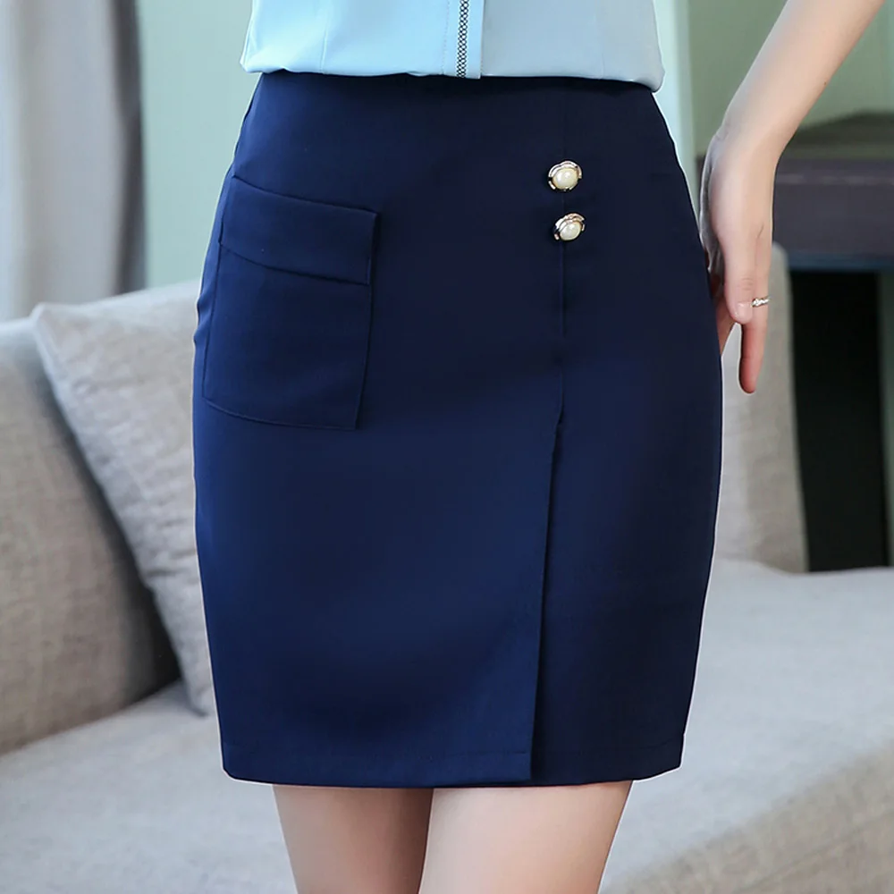 new office OL skirts women elegant black blue high waist package hip pencil skirts plus size solid career skirts - Цвет: Синий