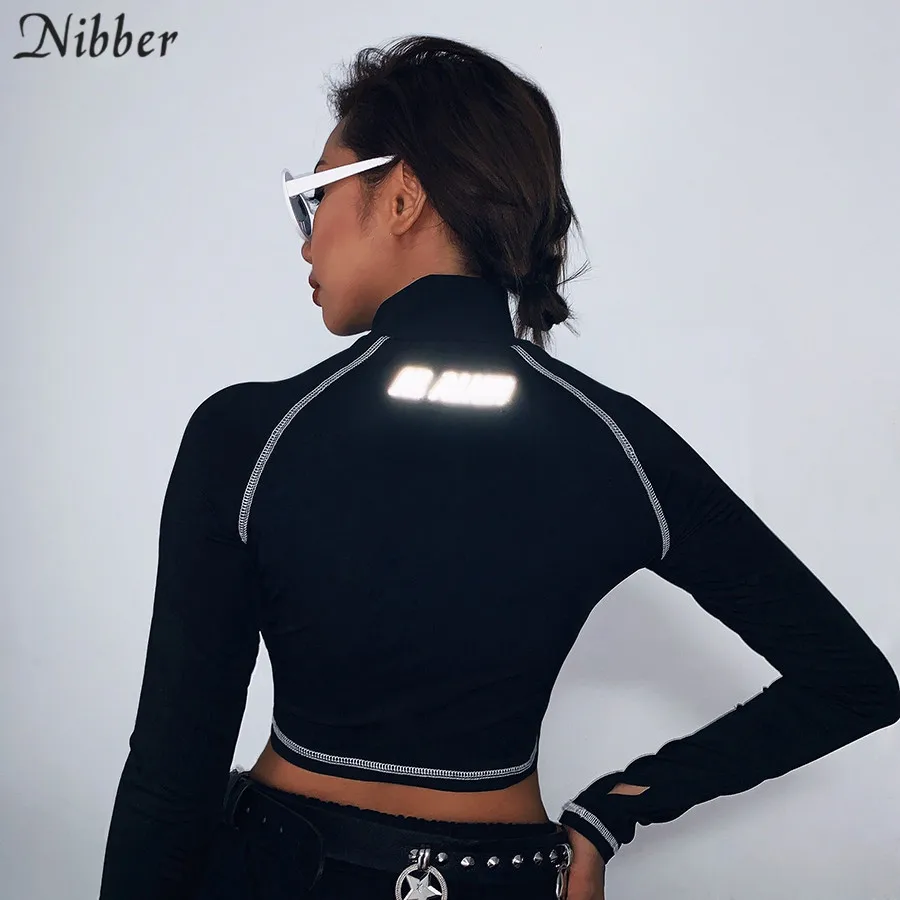 Nibber светоотражающие полосы с длинным рукавом укороченные топы для женщин Одежда для активного отдыха mujer Осенняя мода черная Базовая Уличная Повседневная футболка