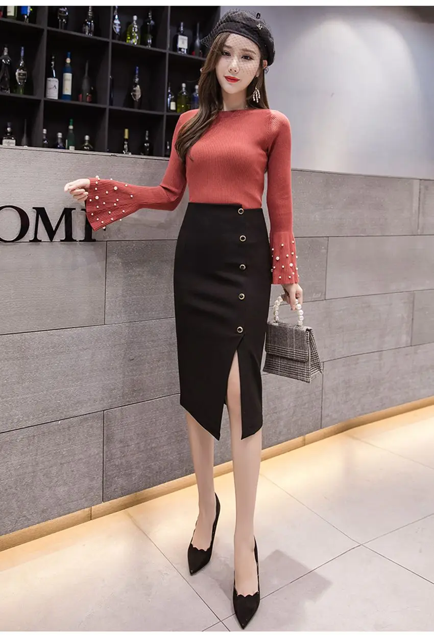 SEXMKL Женская Элегантная черная юбка-карандаш корейская мода зима высокая талия юбки офисные женские уличные пуговицы красная юбка