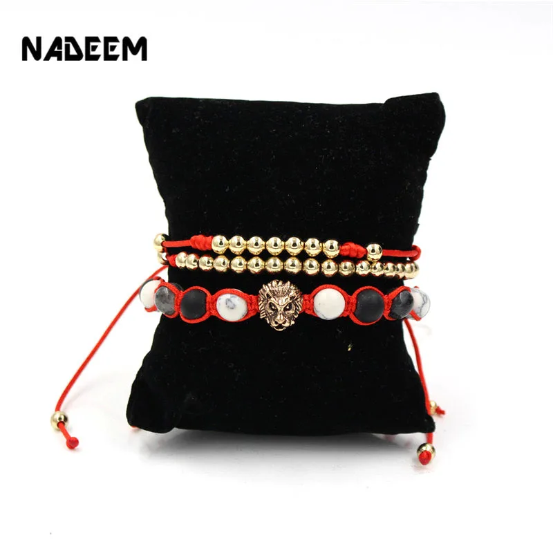 

NADEEM New 3Pcs/Set Gold Color 5mm Copper Bead Red Rope Braided Macrame Bracelets & Natural Stone Bead Lion Charm Bracelet Set