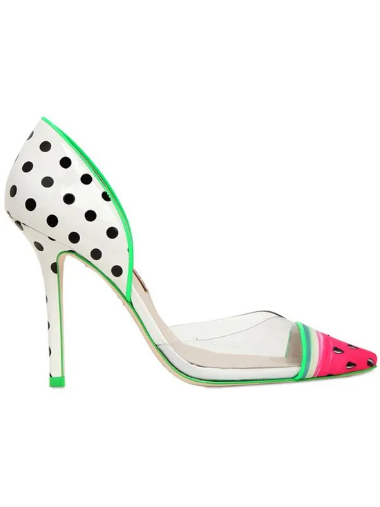 New Design Cute Watermelon Dot Women Pumps Jessica High Heels Wedding Shoes Woman Slip On PVC Leather Women Shoes Zapatos Mujer (3)
