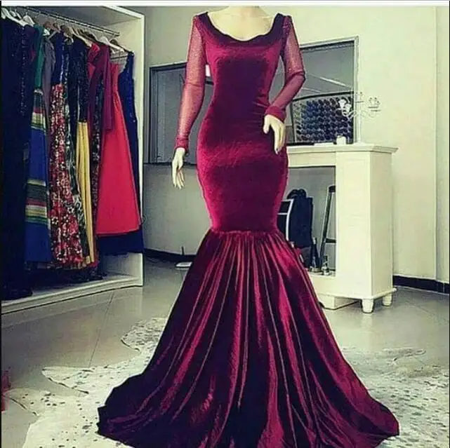 

Elegant Dark Red Velvet Mermaid Evening Dress 2017 Middle East Style Scoop Illusion Long Sleeves Formal evening party dresses