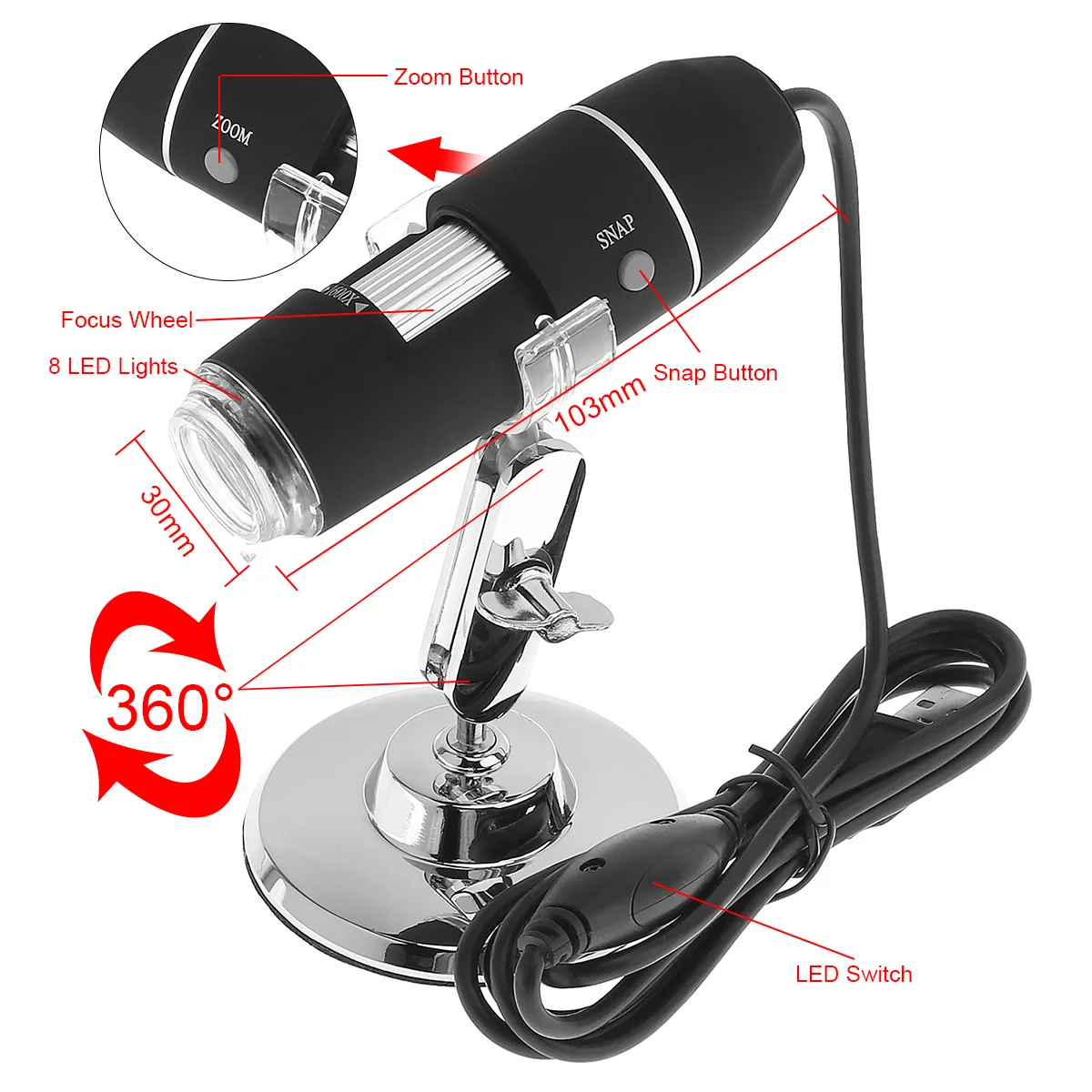 1600X2 Мп USB электронный Цифровые микроскопы осмотра Камера Лупа с металлической подставкой и 8 светодиодов