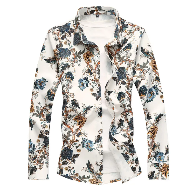 2018 Autumn New Fashion Chemise Homme Chinese Style Long Sleeve Floral Shirt Men Slim Fit Mens Casual Dress Shirts Plus Size 7XL