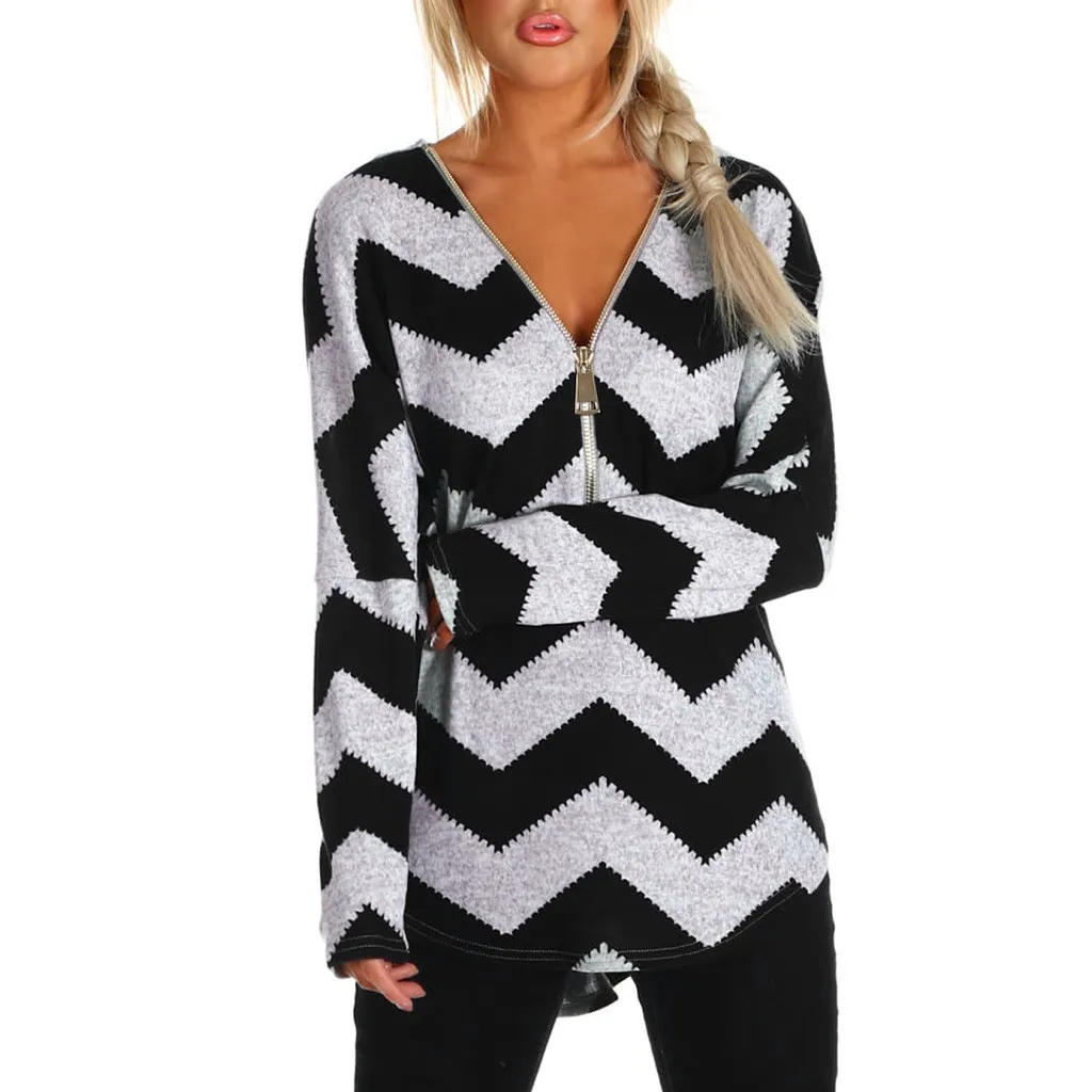 

Modis Womens Tops And Blouses Long Sleeve Geometric Print V Neck Zipper Shirt Tops Blouse Ropa Mujer Invierno 2018