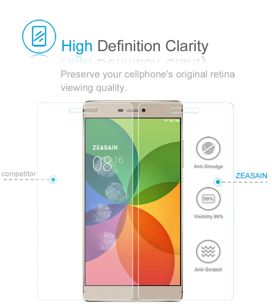 Original ZEASAIN 9H Premium Tempered Glass Film Screen Protector For Huawei P8 HuaweiP8 2.5D 0.3mm HD Clear  Protective Glasses (7)