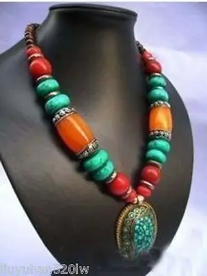 

Hot sale Free Shipping>>Jewelry Tibet silver turquoise beeswax necklace pendant