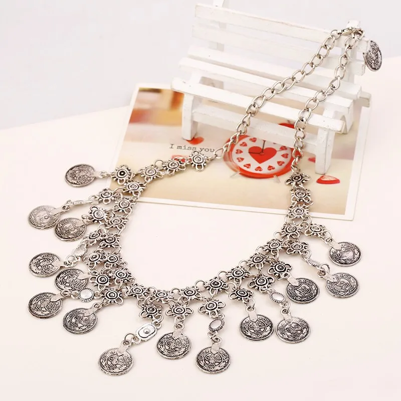 Богемное винтажное ожерелье с монетами и кисточками женское этническое стильное старинное серебряное металлическое ожерелье с монетами