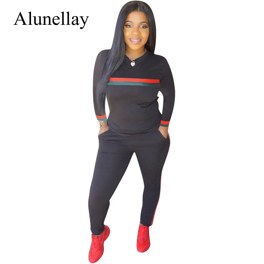 Alunellay Stripe Women 2 Piece Sets Jumpsuits Long Sleeve O Neck Bodycon Jumpsuit Women Pocket Pencil Pant Romper Sport Wear
