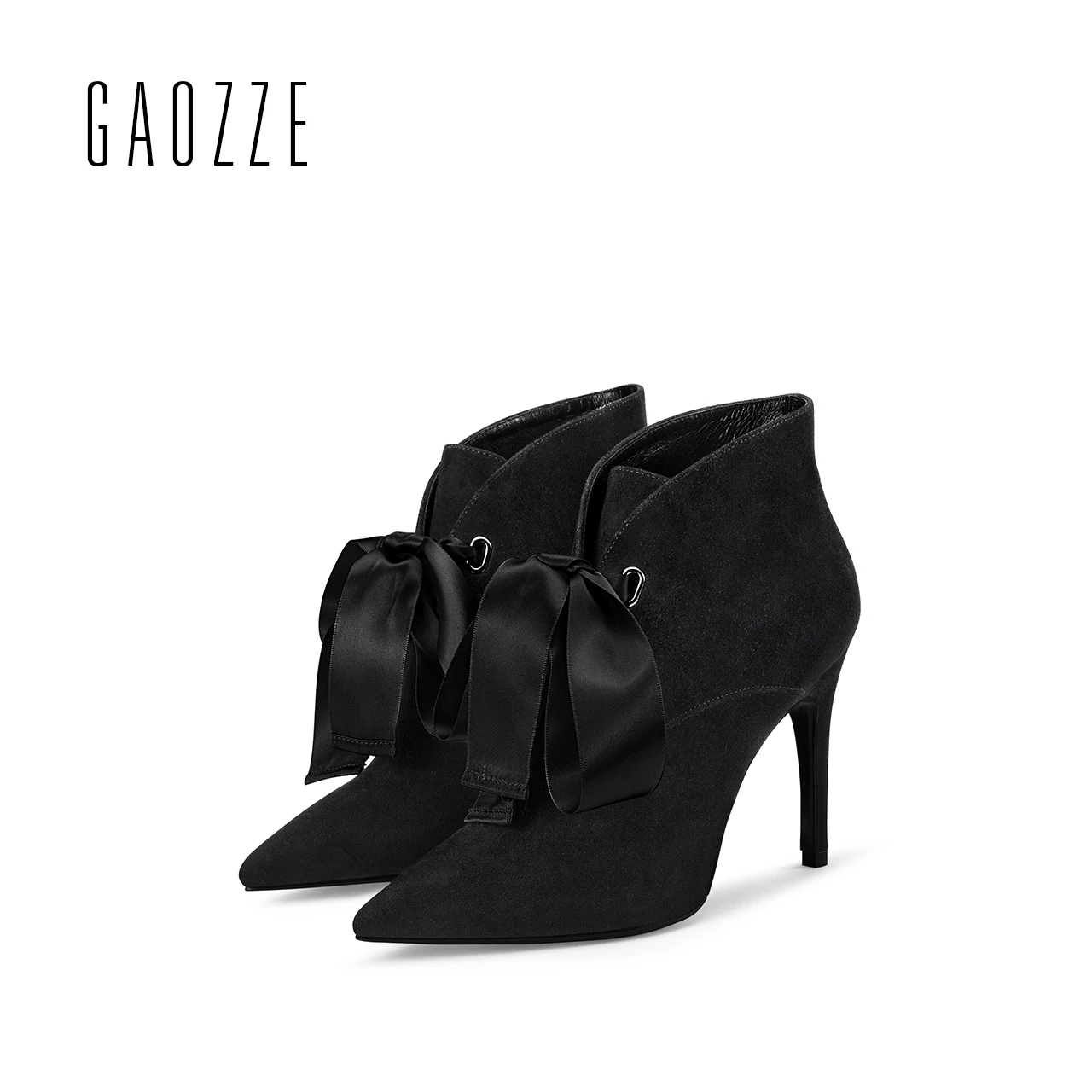 

GAOZZE Genuine Suede Leather Ankle Boots For Women Female Pointed Toe 9.5cm Sexy High Heeled Women Butterfly Knot Ankle Boots