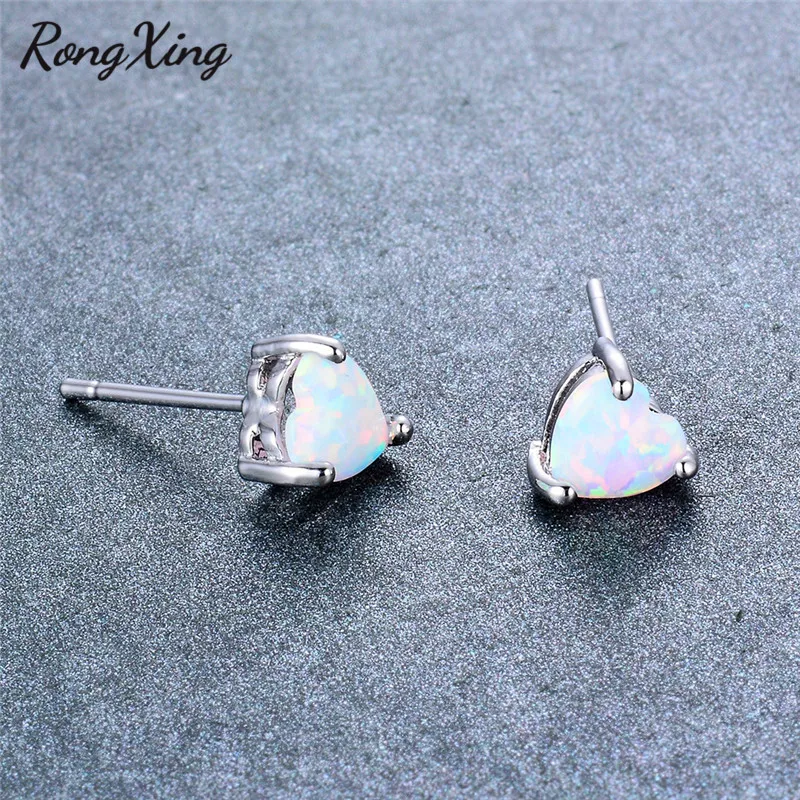 

RongXing White/Blue Fire Opal Heart Stud Earrings For Women 925 Sterling Silver Filled Birthstone Earrings Jewelry Gifts Ear0656