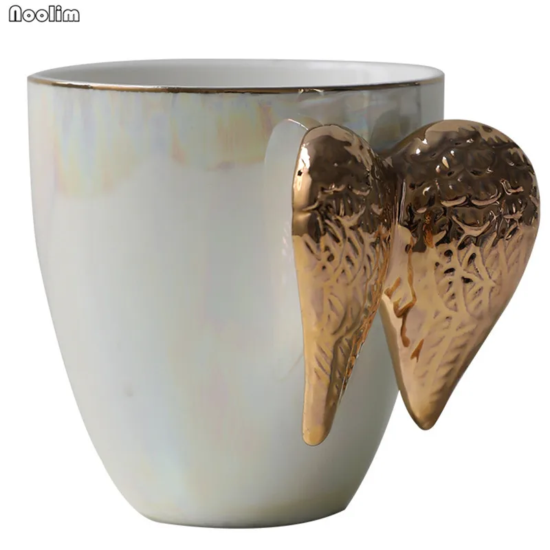 Скандинавские креативные керамические кружки, золото, ангельские крылья, ручка для дома и офиса, кофейные молочные фарфоровые кружки, кухонные принадлежности для напитков - Цвет: Белый