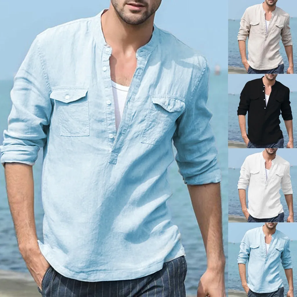 Страусиная Модная Повседневная рубашка, Мужская свободная хлопковая льняная рубашка с карманом, одноцветная рубашка с длинным рукавом, Повседневные Удобные мужские рубашки