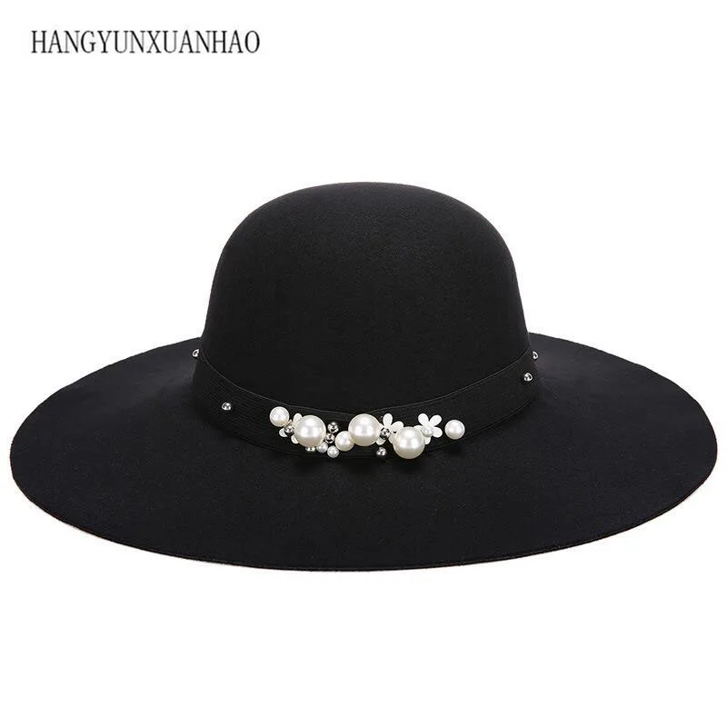 

Autumn Winter Hats Caps for Women Fashion Wool Felt Fedora Hat with Pearl Ladies Girls Wide Brim Top Hats Dome