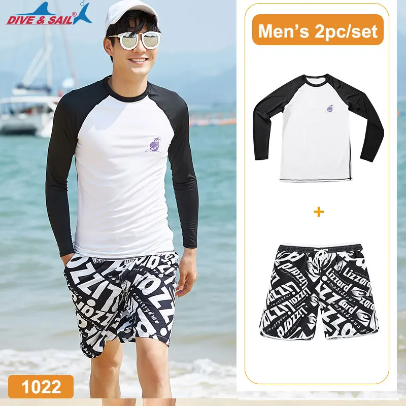 

2pc Set Men's Rash Guard Swim Shirt Trunk UPF 50+ Long Sleeve Polyester Sun Guard for the Beach, Swimming,Sailing, Paddling