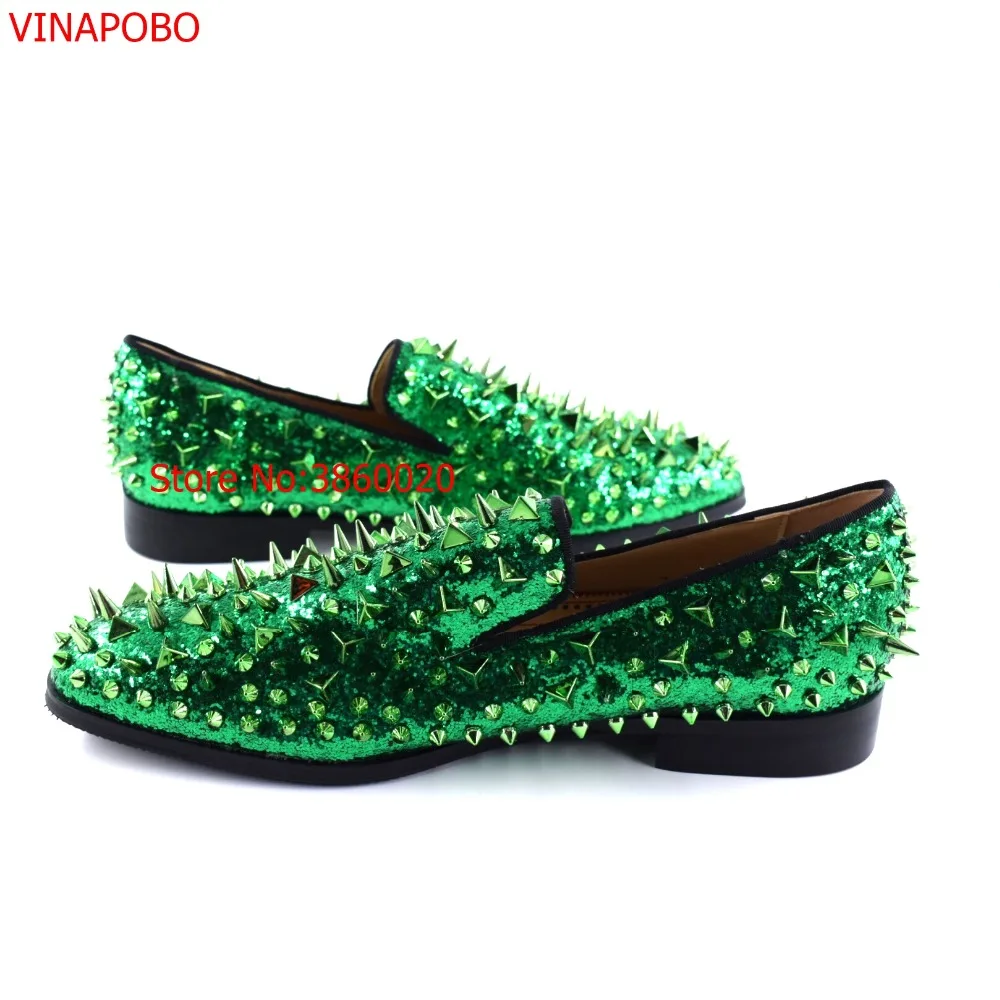 Fashion Green Spiked Loafers Shoes Men Round Toe Bling Sequins Banque ...