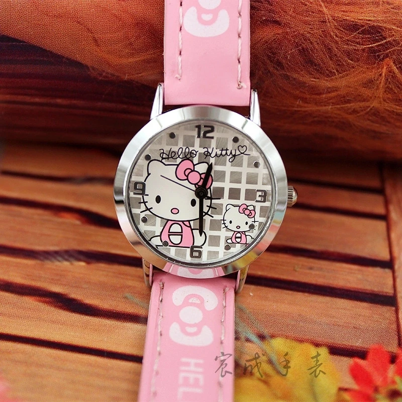 Популярные Детские Кварцевые часы с рисунком hello Kitty для милой девочки kt cat из кожи, Подарочный стол - Цвет: Розовый