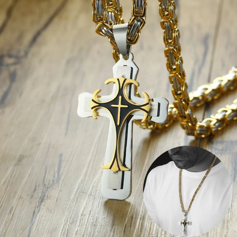 

Men's Stainless Steel Byzantine Chain with Three-layer Cross Pendant Necklace Heavy Weight Male Jewelry with 24Inch