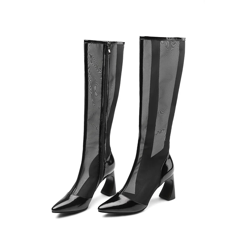 Femmes Boot Isnom Chaussures black Printemps Nouveau Talon En Insolite Bottes Mode Verni Pointu Femelle Black Maille 2019 Bout Femme Long Short Cuir wzApnzqI