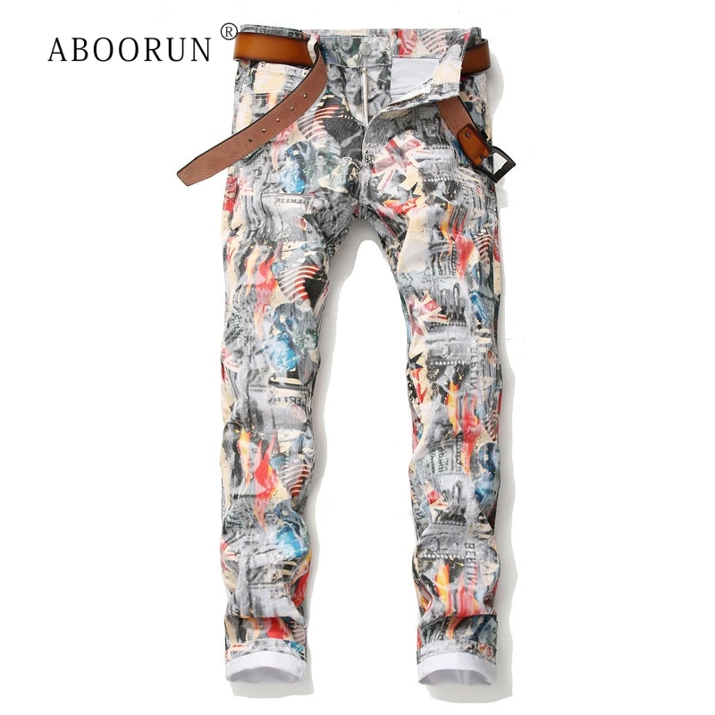 ABOORUN мужские узкие джинсы-карандаш модные джинсы с принтом граффити для ночного клуба стильные городские джинсы для мужчин R837