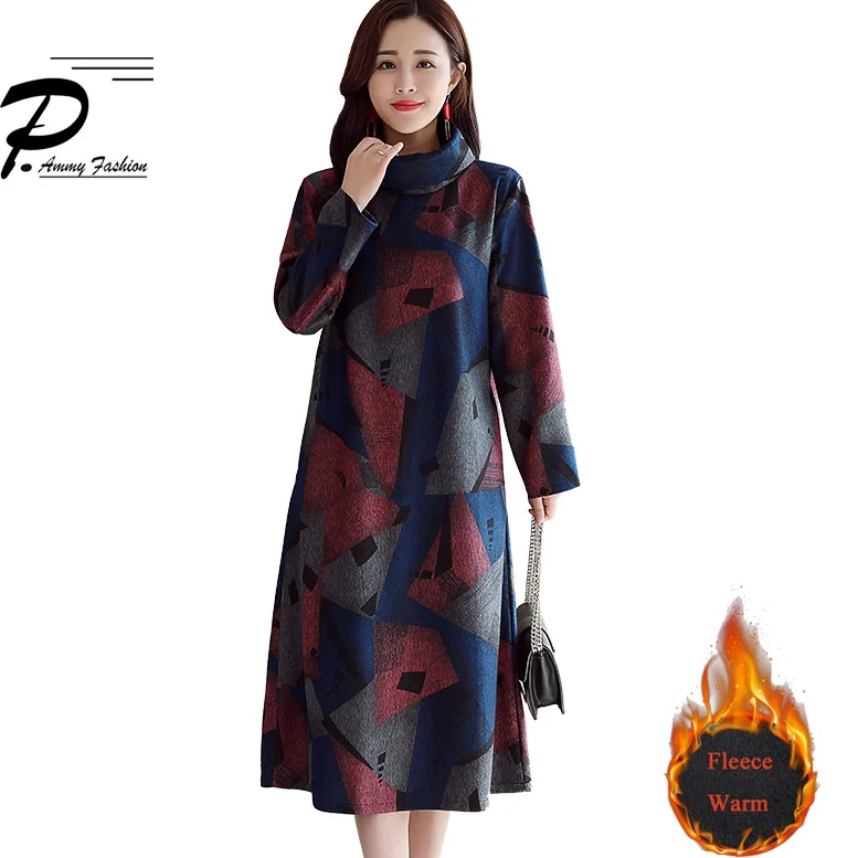 

Fleece Lined Oversized Turtleneck Winter Warm Wool Blanket Mid-Long Dress Women's Long Sleeve Print A-Line Dress Thicken Tunic