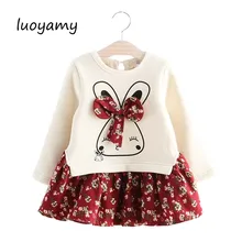luoyamy Girls Cute Rabbit Long Sleeve Dress Flowers Printed 2017 Winter Autumn Baby Girl Thicker Princess Dresses