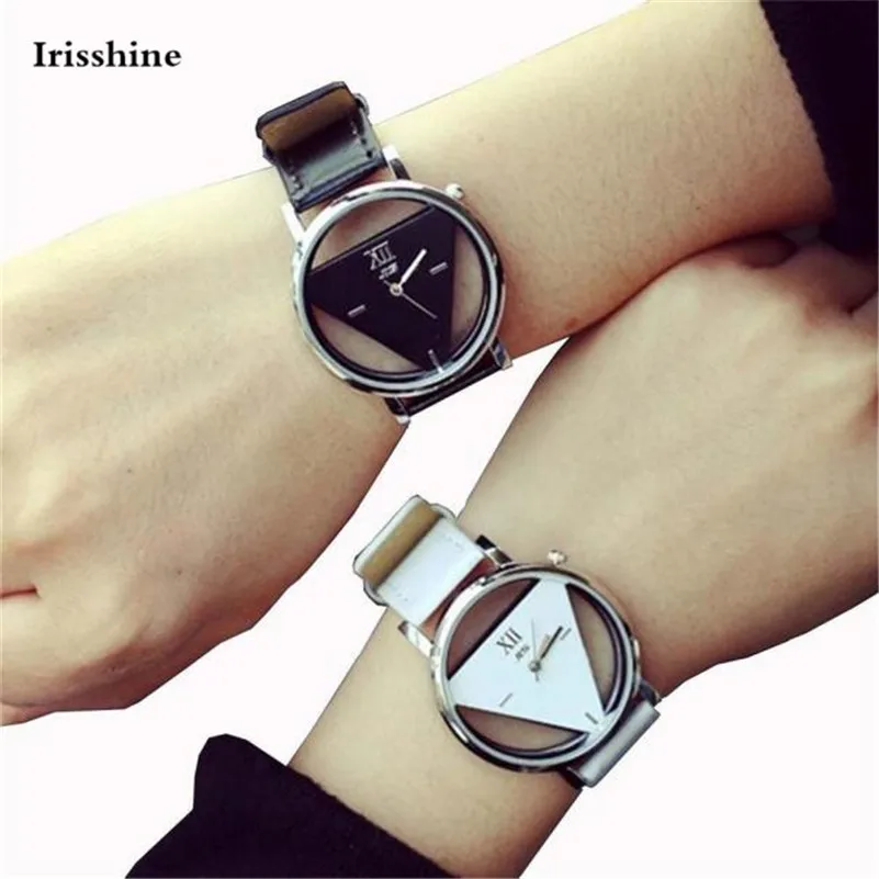 Irisshine i09 часы унисекс для пары для мужчин и женщин 2 шт. уникальные выдолбленные с треугольным циферблатом черные модные часы оптом