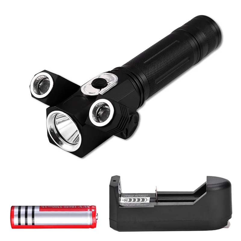 

Super Bright 4 Modes Tactical Flashlight Rotatable 3 LED Light Heads Magnet Tail Torch+1*18650 Battery+US Plug Charger A XR-Hot