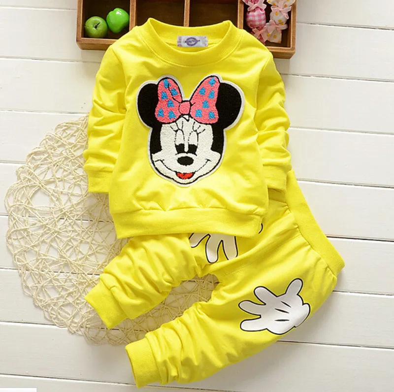 Весенне-осенняя одежда для маленьких мальчиков; детская одежда с Микки Маусом; комплекты для девочек; комплект детской одежды из двух предметов с длинными рукавами; детский спортивный костюм - Цвет: Yellow