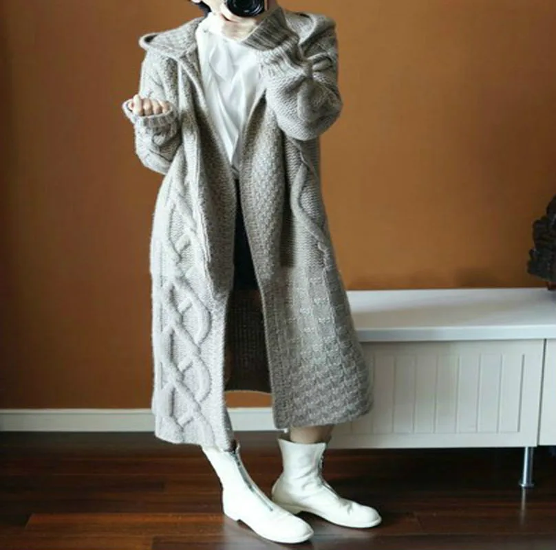 

New Autumn Winter Long Knitted Jackets Mujer Women Causal Loose Hooded Sweater Woman Black Cardigan Sweater Casaco Knit