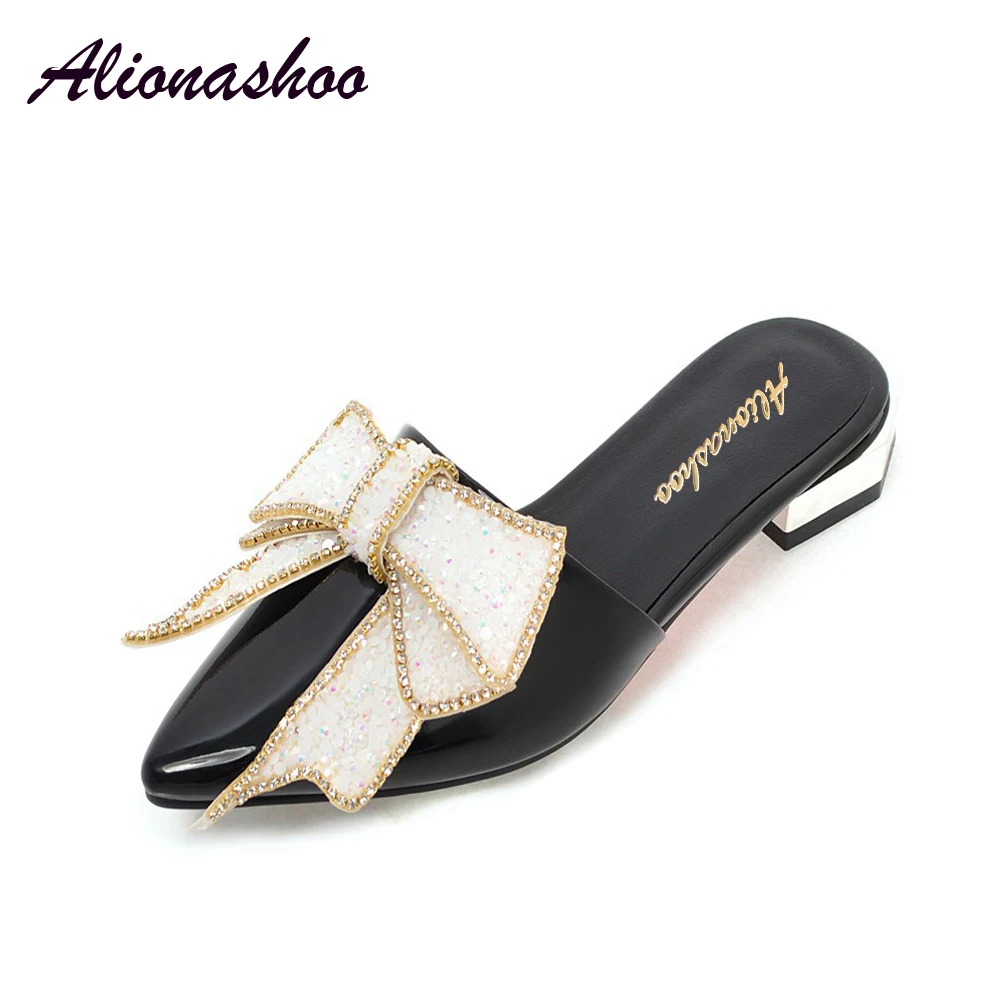 

Alionashoo Fashion Slip-On Crystal Slippers Women Slides PU Leather Mules Lady Pointed Toe Low Heel Slippers Plus Size 34-43