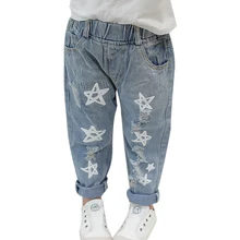 Модные джинсы с вышивкой для девочек, детские мягкие хлопковые джинсы со звездами, с царапинами, детские осенние повседневные брюки, детские штаны с поясом