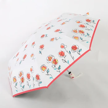 

Fresh Rose Flower Automatic Three Folding Sunshade Rainy Women Girls Umbrella Black Coating Parasol