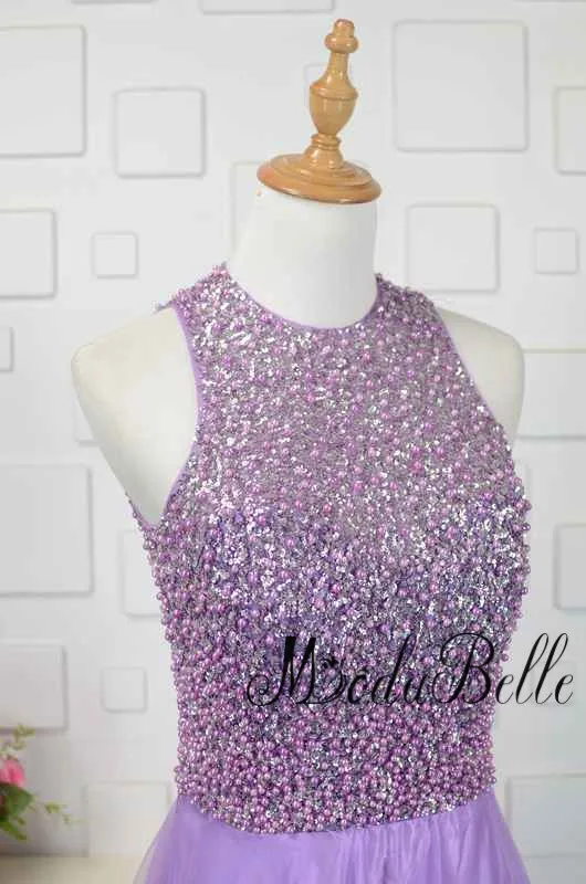 Modabelle сиреневый фиолетовый бисером платье для выпускного вечера Sequin жемчуг рукавов Тюль Выпускной Платья для вечеринок длинное вечернее