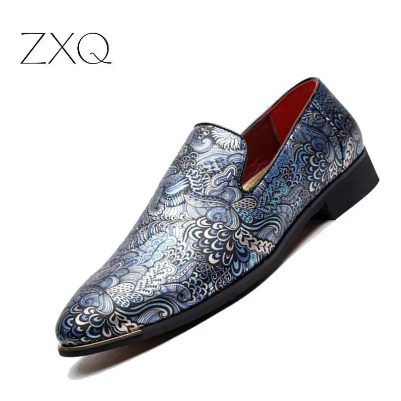 

New Arrival Men Floral Loafers Party Wedding Shoes Europe Style Blue Black Slip On Slippers Driving Moccasins