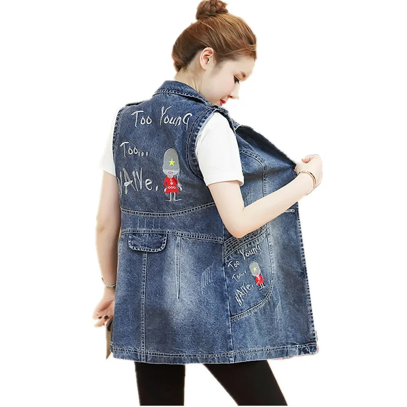 

M-4XL Large Size Letters Embroidery Denim Vest For Women New Spring Korean Long Sleeveless Jacket Female Cartoon Jeans Waistcoat