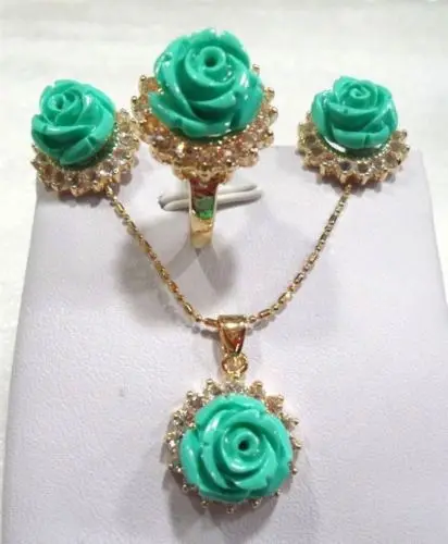 

FREE shipping>>>>>>3 color-lovely carved pink/red flower coral/turquoise bead earring pendant ring