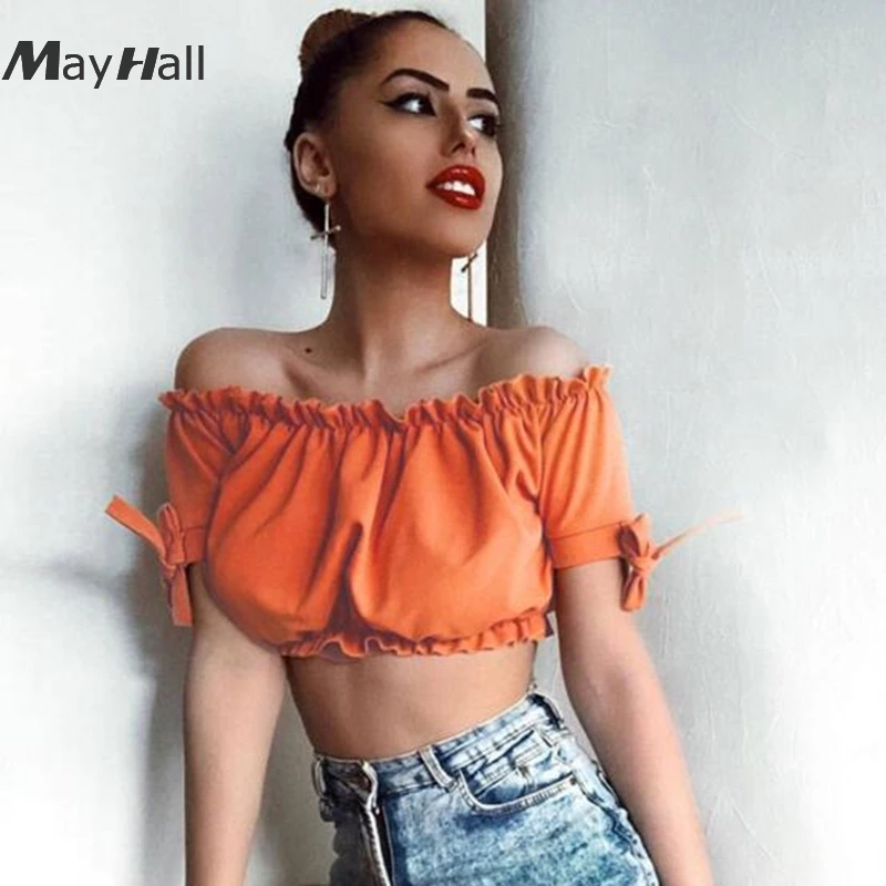 

MayHall Ruffles Female T-shirt Slash Neck Crop top Bow Solid Short Sleeve Holiday Cropped Sexy ropa mujer verano 2018 MH282