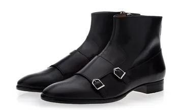 

LOSLANDIFENew Men Black Brown Leather Ankle Boots Double Buckle Embellished Flats Side Zipper Chelsea Boots Men Monk Short Botas