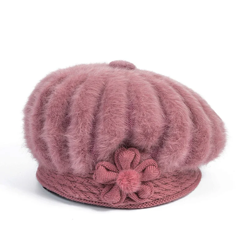 Pink Hat Красивая Женская зимняя меховая шапка, шапка, набор, кепки с цветами, женские головные уборы, теплые шапки, женские зимние шапки из кроличьего меха, вязанные Beani - Цвет: Pink Hat