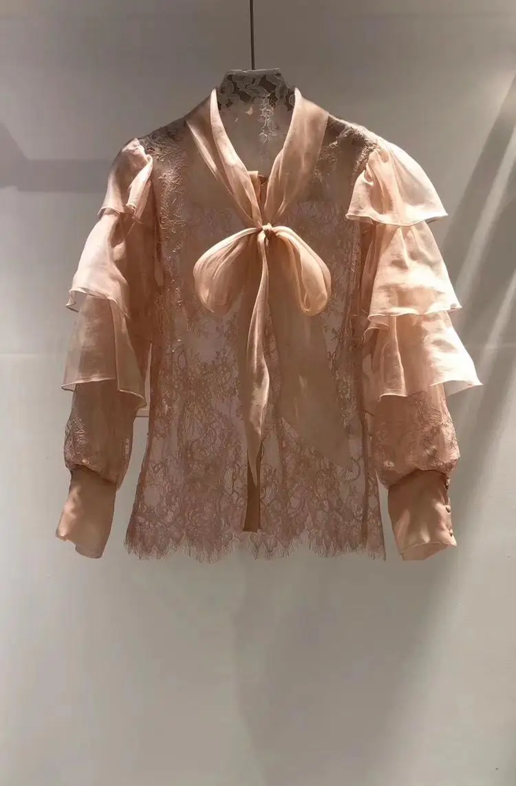 

2019 new ladies fashion sexy long-sleeved bow tie lace shirt 0529