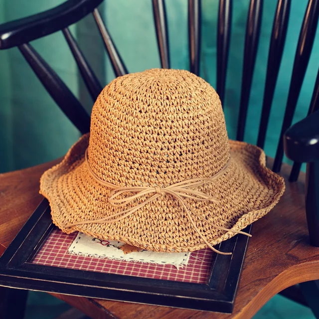 Handmade Weave Raffia Sun Hats For Women Black Ribbon Lace Up Large Brim Straw Hat Outdoor Beach Summer Caps Chapeu Feminino