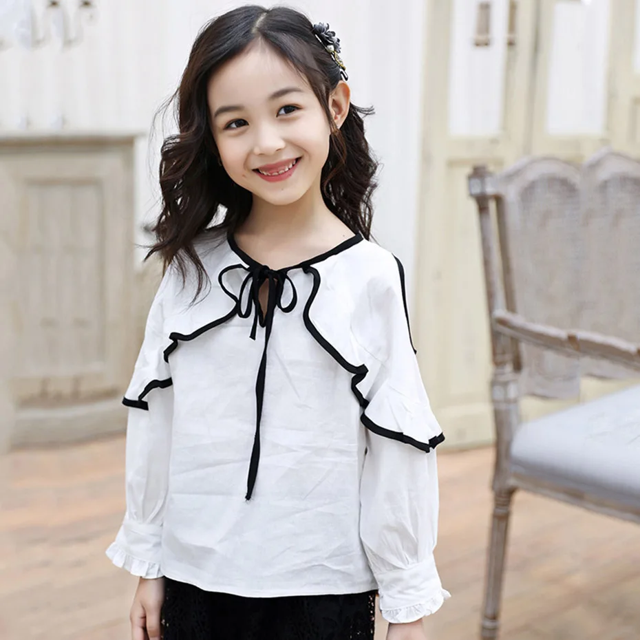 Блузка для девочек, блузка с длинными рукавами Белая школьная рубашка для девочек Подростковая школьная одежда для детей 6, 8, 10, 12, 13, 14 лет - Цвет: As Picture