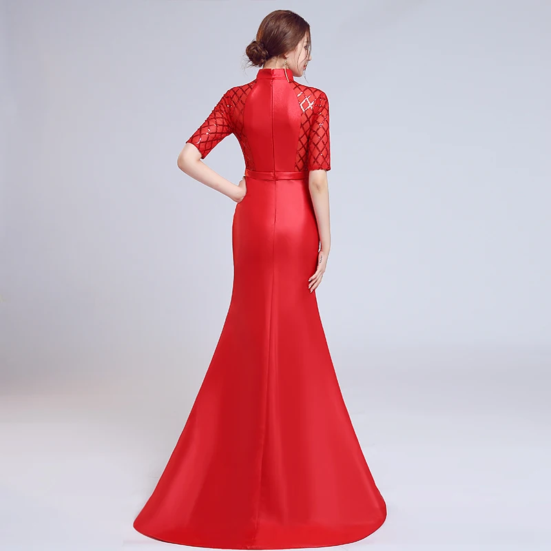 JaneVini Vestidos расшитое блестками платье-Русалка для невесты с высоким воротом, с короткими рукавами, на молнии сзади, атласное длинное красное вечернее платье