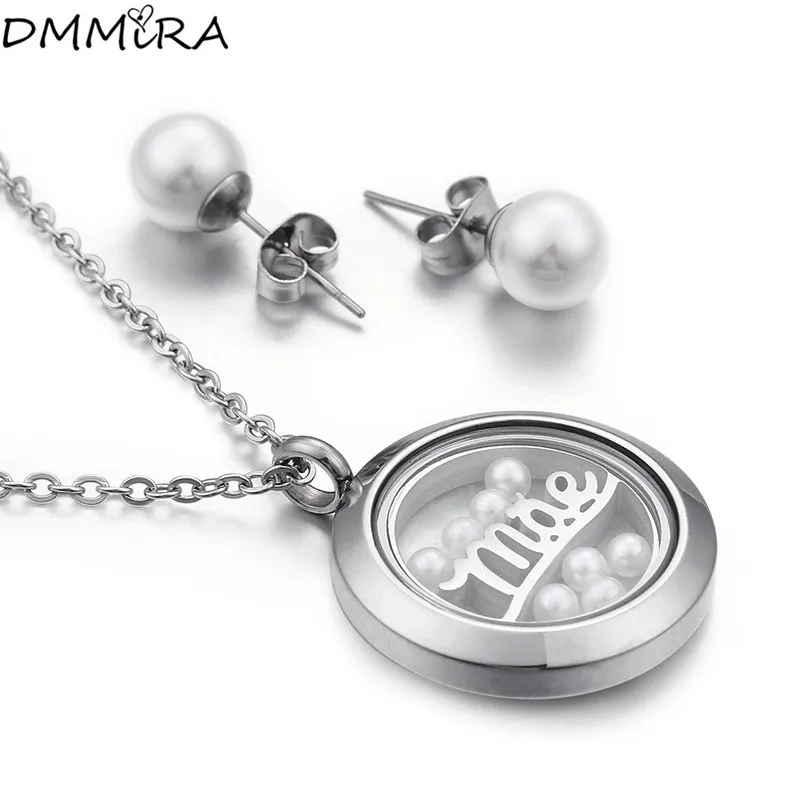 

Hot Fashion Women Mother Silver Gold Stainless Steel Glass Round White Pearls Like Glass Box Necklace Earrings Jewelry Sets