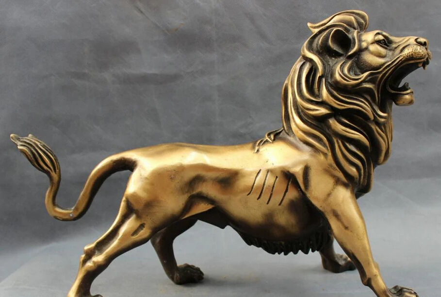 

song voge gem S4163 16" Chinese Bronze Wealth Wild Foo Fu Dog Lion Head Statue Animals Figurine