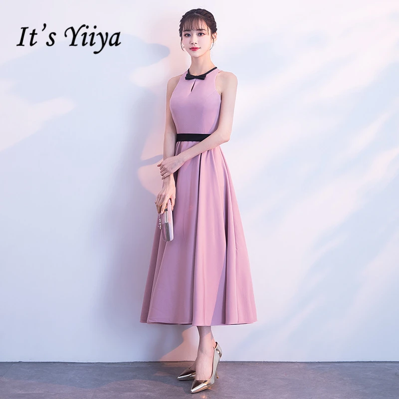 

It's YiiYa Cocktail Dresses Elegant Pink O-neck Tie Bow Party Gowns Simple Tea-length Sleeveless Zipper Back Formal Dress E405